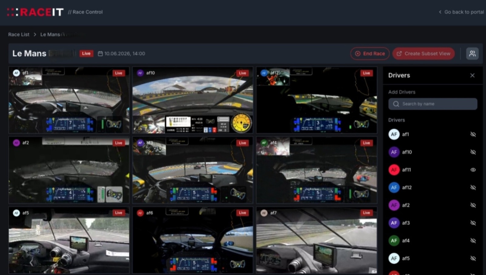 RaceIT Race Control: all live onboards of the event on one screen, with the drivers panel open