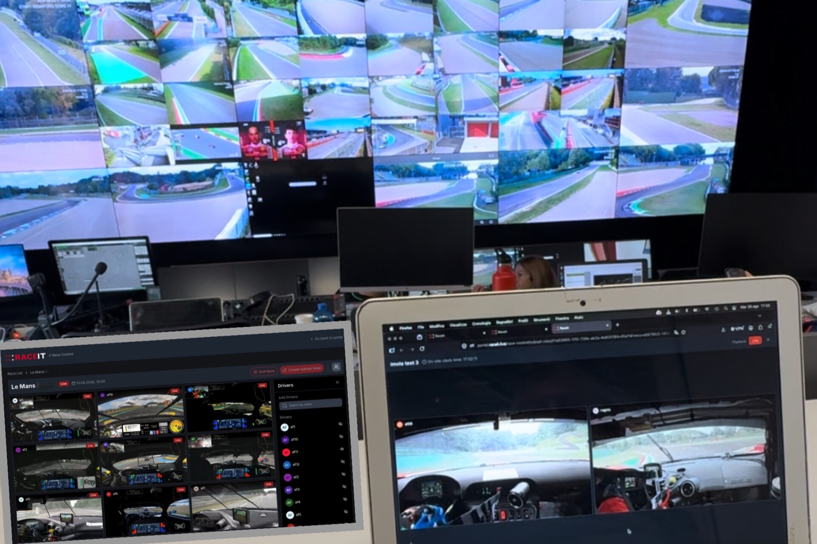 Race control room: a wall of circuit monitors next to a laptop and a tablet running RaceIT Race Control
