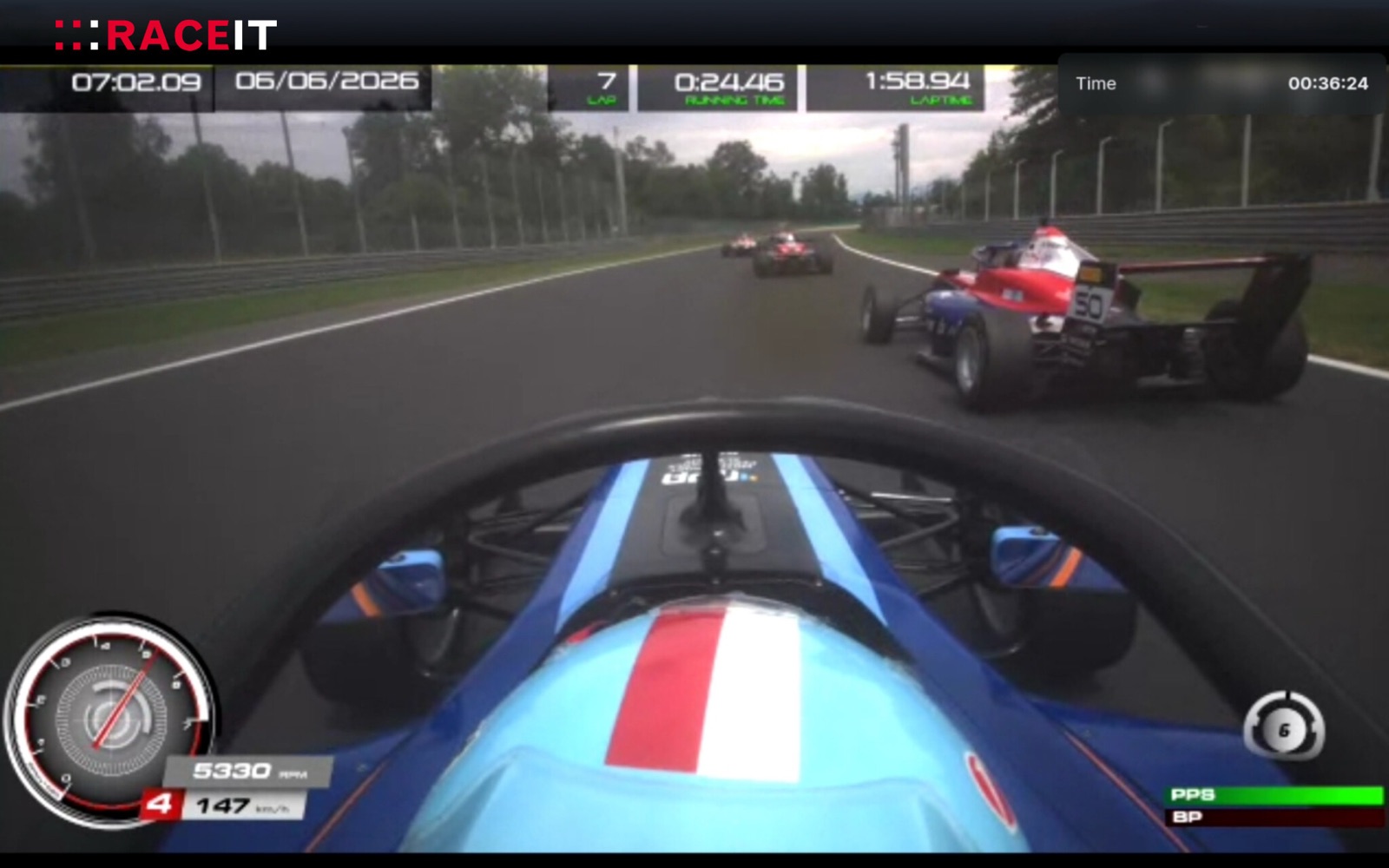 Full screen onboard with clock time, lap, running time and lap time overlay