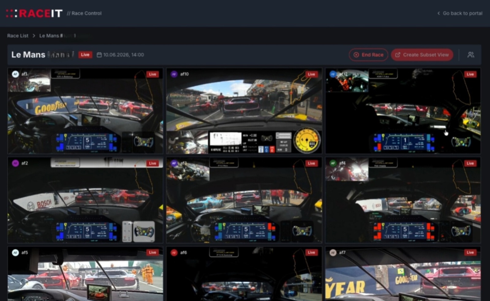 Full grid overview: every onboard of the race live on one screen