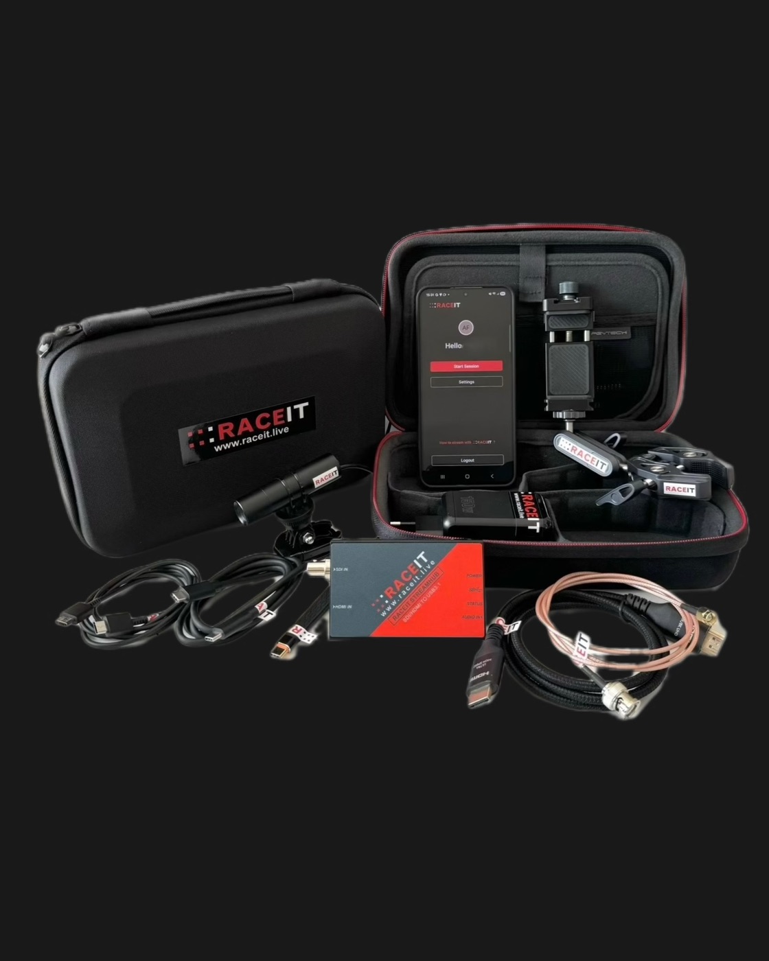 RaceIT Live Onboard kit: case with phone, StreamHub, cameras and cables